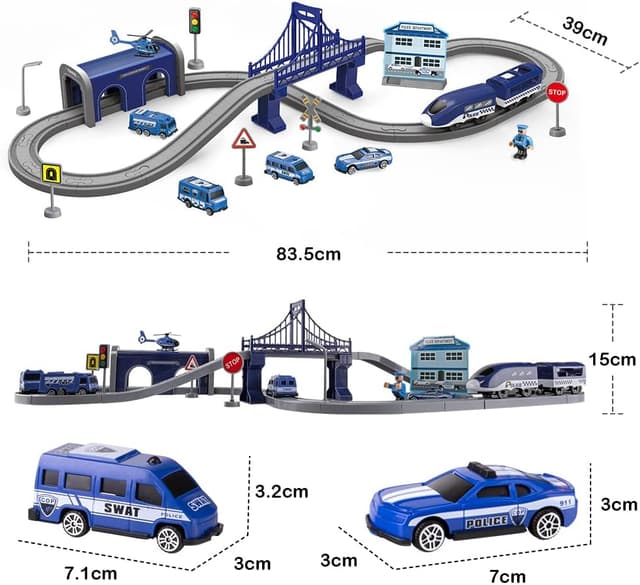 Detalle 1 de XIAPIA Deluxe Electric Train Set (66 pcs) with Magnetic Couplings, Tunnel/Bridge Track & Police Theme