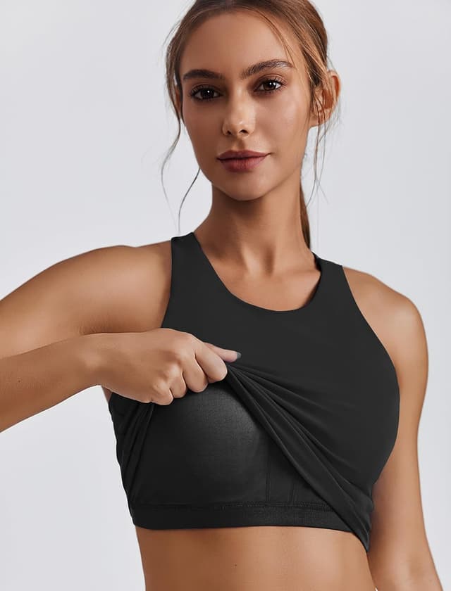 Detalle de PINSPARK Women’s High Neck Racerback Sports Bra Crop Tank Top (Longline) with Removable Pads