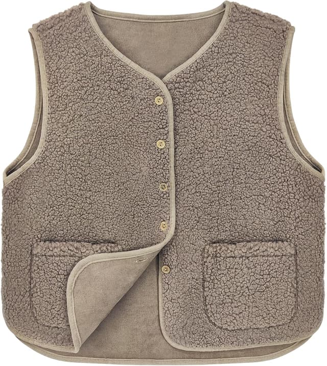 Detalle de beifon Teddy Fleece Weste Damen – ärmellose Plüschweste mit V-Ausschnitt und Knöpfen für Herbst/Winter
