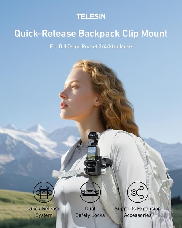 Detalle de TELESIN Backpack Clip Mount for DJI Osmo Pocket 4/3 – one-handed quick release with dual lock