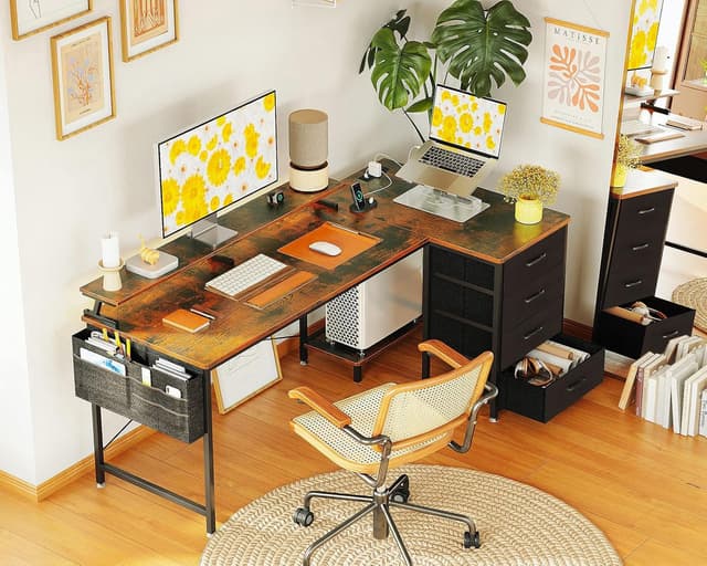 Detalle de ODK Corner Desk with Drawers (L-Shaped) 140x80cm, USB Charging Ports & Power Outlets, Rustic Brown