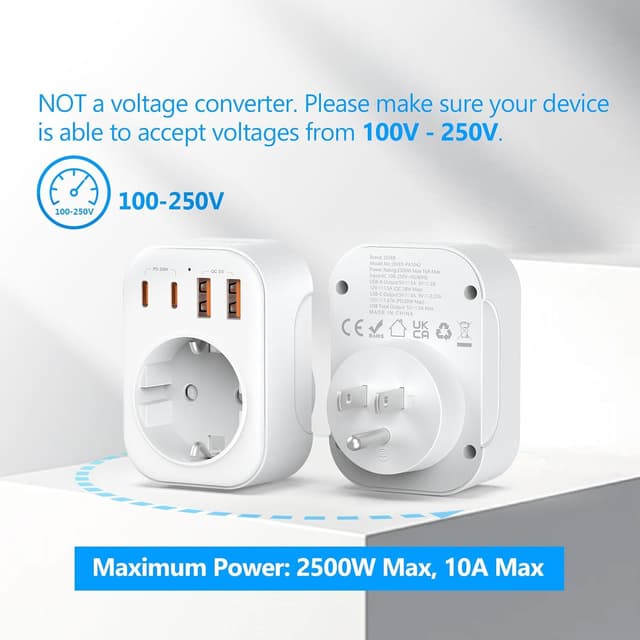 Thumbnail 6 de JSVER adaptateur prise USA 5 en 1 (France → USA/Canada) avec 2 USB-A et 2 USB-C (PD 20 W) — blanc