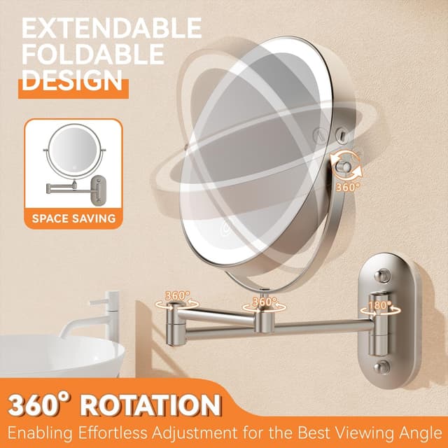 Detalle de Auxmir miroir grossissant mural 8" lumineux 1x/30x à charge USB, écran tactile (nickel)