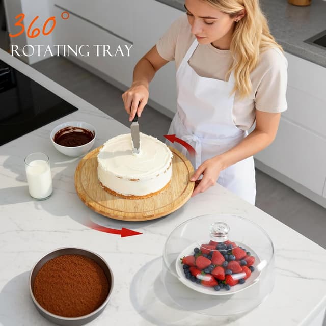 Detalle de Masthome Wooden Cake Stand with Lid (12-inch) with Rotating Base and Clear Acrylic Dome Cover