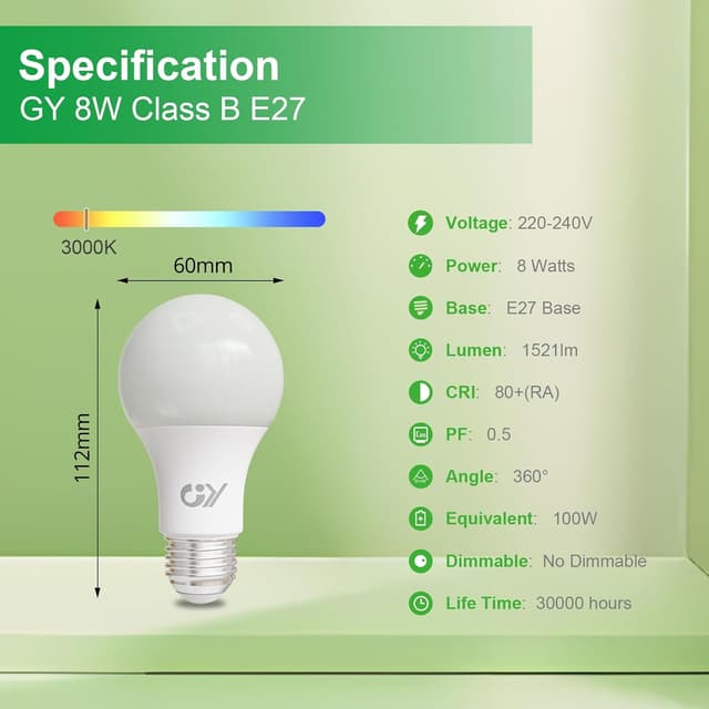 Detalle de GY E27 LED Warmweiß A60, 8 W ersetzt 100 W, 1.521 lm, 360° – nicht dimmbar (6 Stück)