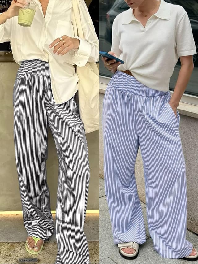 Detalle de ANRABESS Women’s Gingham Plaid & Stripe High-Waist Palazzo Pajama Pants with Pockets