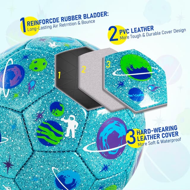 Detalle de ZOOJOY Size 2 Kids Soccer Ball 2-Pack (Glitter Dinosaur & Planet) with Pump and Mesh Bag