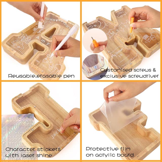 Detalle de Lakpopya personalisierte Spardose aus Holz für Kinder (transparentes Acryl, Zielbereich, A-Z Buchstabe) – Taufgeschenk & Deko