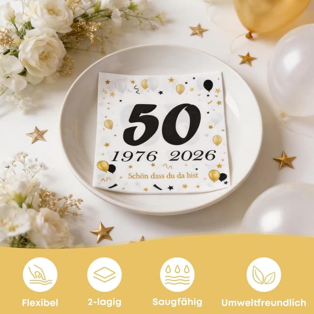 Detalle de 50 Stück Servietten zum 50. Geburtstag – Schwarz/Gold Deko 1976–2026 mit „Schön dass du da bist“