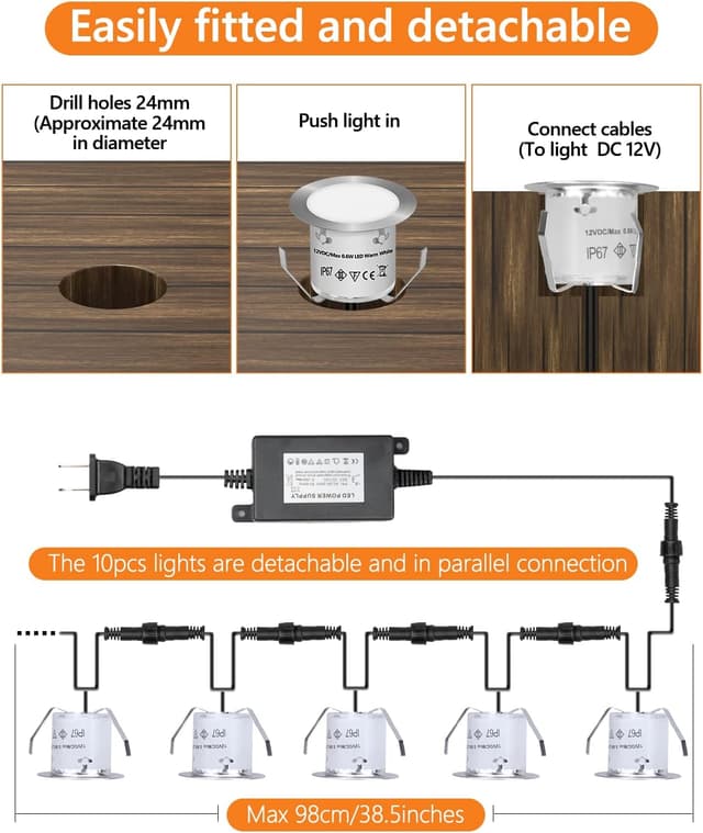 Detalle de HIBOITEC 1Pack Decking Light Warm White LED Plinth Light (IP67, Power Adapter not included)