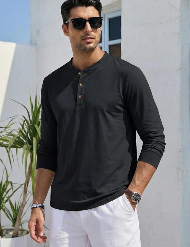 Detalle de TACVASEN men’s long sleeve cotton Henley T-shirt (3-button grandad collar) – casual button top