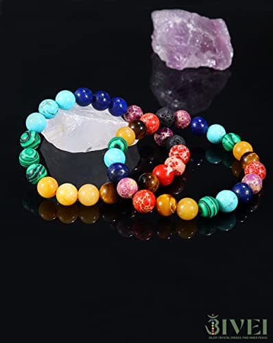 Detalle de Bivei pulsera de 7 chakras con cuentas de piedra (lava) y difusor de aceites esenciales