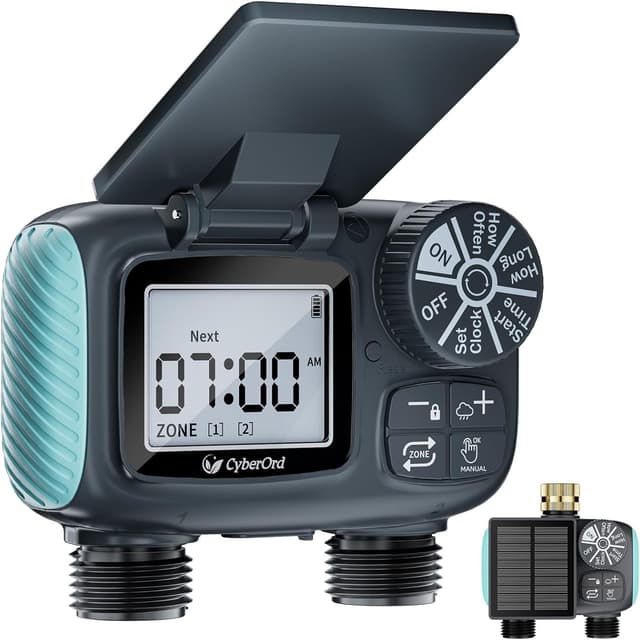 Detalle de Timer per irrigazione solare CyberOrd a 2 zone con ricarica Type-C e modalità auto/manuale