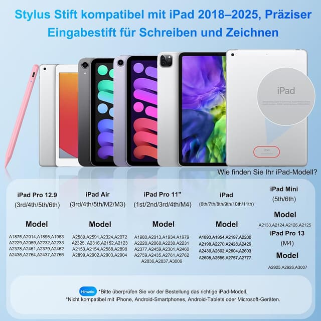 Detalle 2 de BLEBLE Stylus Pen für iPad (2018–2025) mit Schnellladung und Handflächenerkennung – passend für iPad 11/10/9/8/7/6, Air, Pro und mini (Rosa)