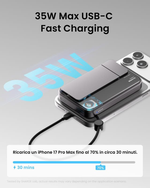 Detalle de Sharge ICEMAG 3 Power Bank magnetico 10.000 mAh con Qi2.2 e ricarica wireless 25W (25W) e USB-C 35W