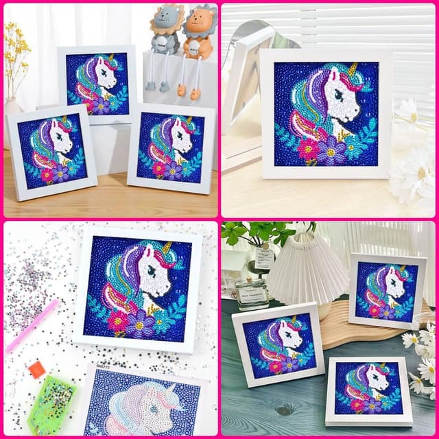 Detalle de Kit Diamond Painting 5D AUAUY con cornice in legno e tema Unicorno