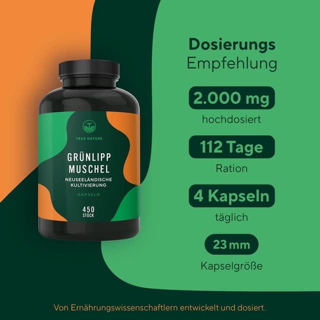 Detalle de Grünlippmuschel von TRUE NATURE® – 450 Kapseln (2000 mg Tagesdosis, gefriergetrocknet)