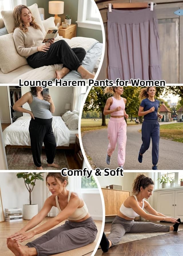 Detalle de Famulily Women’s Lightweight Athletic Harem Pants (Loose Smocked High Waist) with Pockets, S–XXL