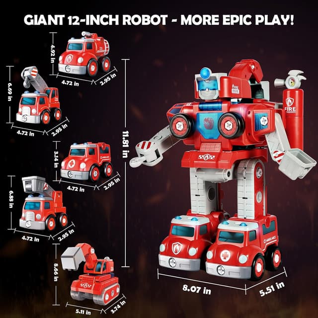 Detalle 2 de Baobrava 5-in-1 Fire Truck Transformers STEM Drill & Screw Build Set (Ages 3–8)