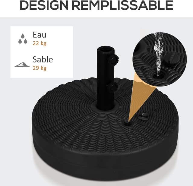 Detalle 2 de Outsunny Pied de parasol HDPE à remplir d’eau ou de sable pour mât 38/48 mm (Ø51 x 36 H cm) noir