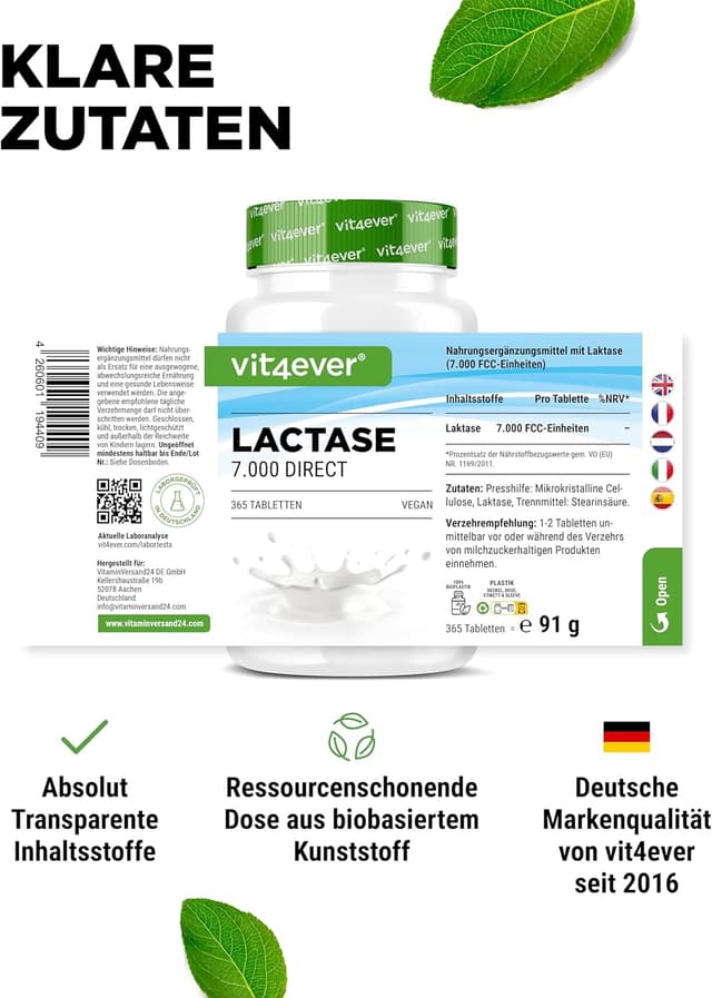 Detalle de Laktase 7.000-365 Tabletten mit Sofortwirkung (7.000 FCC-Einheiten) – für Laktoseintoleranz, vegan