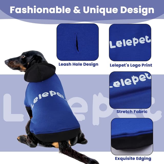 Detalle de LeLePet Dachshund Hoodie (Puppy Sweatshirt) in Blue, Cotton Fleece Dog Jumper with Lelepet Print