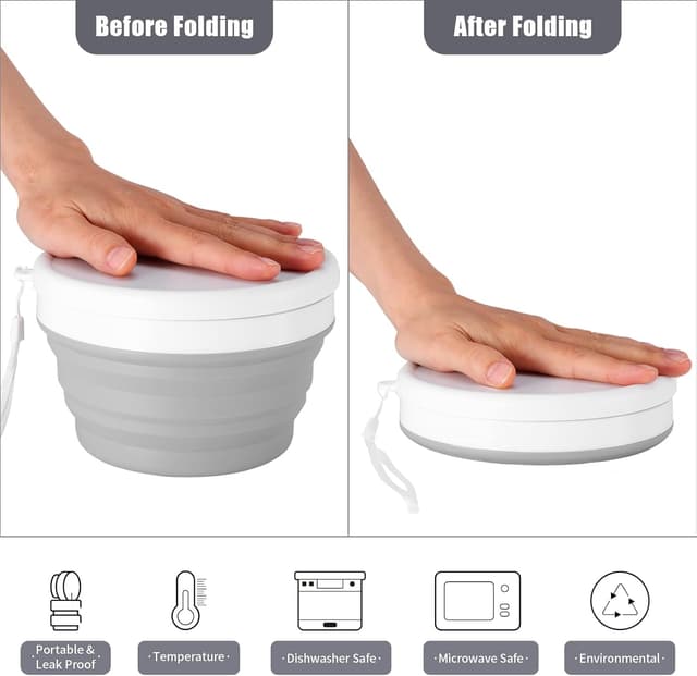 Detalle de Odoland set stoviglie da campeggio per 1 persona con ciotola pieghevole in silicone, tazza con coperchio e cucchiaio in acciaio