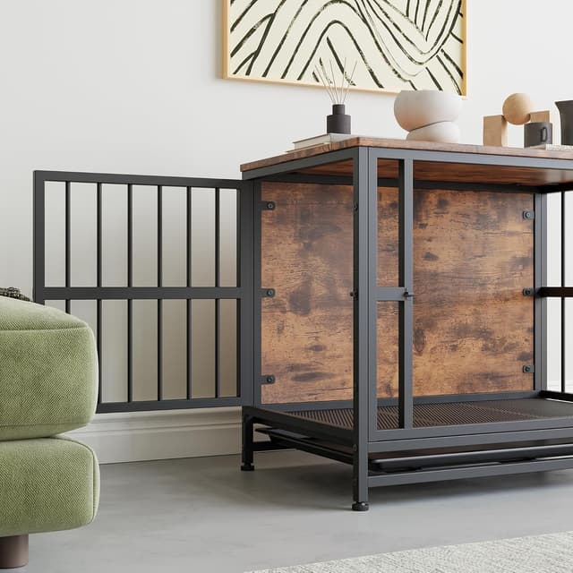 Detalle de BORPHOM 32.68" Wooden Dog Crate Furniture – Large indoor kennel with 2 doors and removable tray