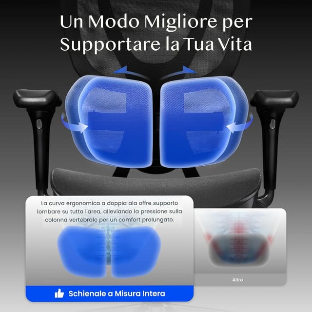 Detalle de FLEXISPOT Sedia ergonomica da ufficio con supporto lombare Dual-Wing, poggiatesta 3D e poggiapiedi estraibile (Nero)