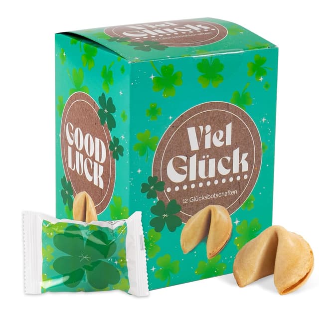 Detalle de FOOD crew 12 Glückskekse „Viel Glück“ – vegane Glückskekse als kleines Geschenk für Familie, Freunde & Kollegen