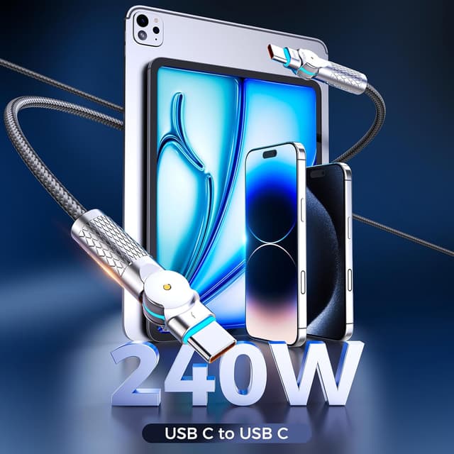 Detalle de USB-C to USB-C 10ft 240W Cable (2-Pack) with 180° Rotating Heads, Braided—Light Gray