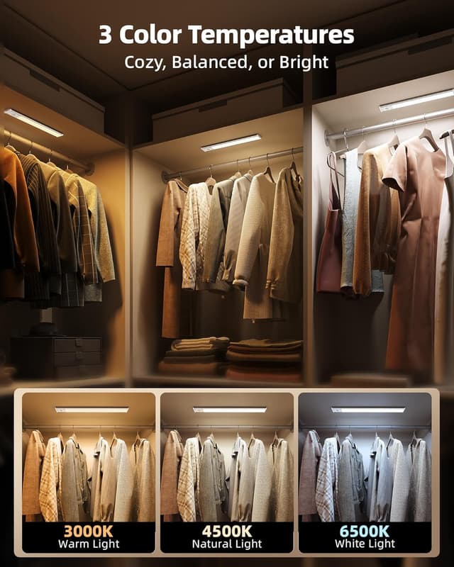 Detalle de EZVALO Under Cabinet Kitchen Lights (2 Pack) – 3-Colour Dimmable Motion Sensor LED Strips, Rechargeable 3200mAh