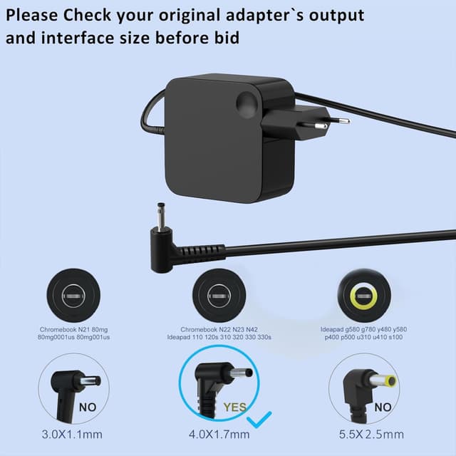 Detalle 2 de 65-Watt Laptop-Netzteil Ladegerät für Lenovo IdeaPad & Yoga (mit 4,0 x 1,7 mm Stecker)