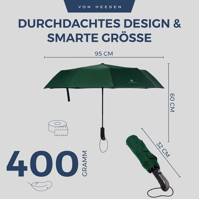 Detalle de VON HEESEN sturmfester Taschenschirm bis 140 km/h inkl. Schirm-Tasche & Reise-Etui