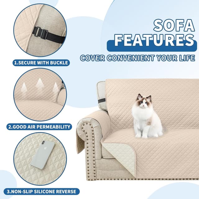 Detalle de YSTELLAA Housse imperméable de canapé 3 places beige avec accoudoirs