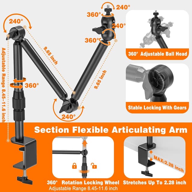Detalle de Jubor Camera Desk Mount – Overhead webcam and projector stand with 1/4" screw, 360° adjustment (max 3 kg)