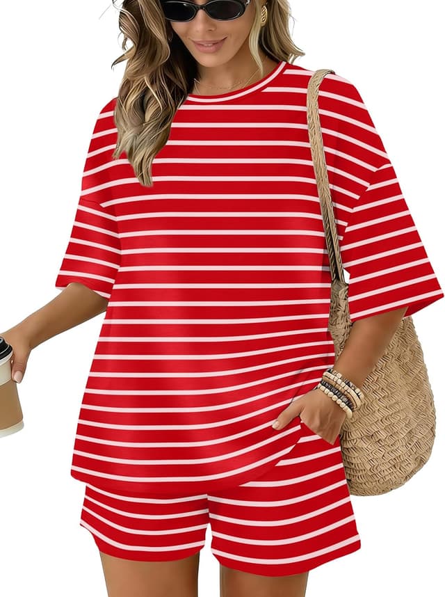 Detalle de Sampeel Women’s 2-Piece Lounge Set with 3/4 Sleeve Oversized Top and Drawstring Shorts