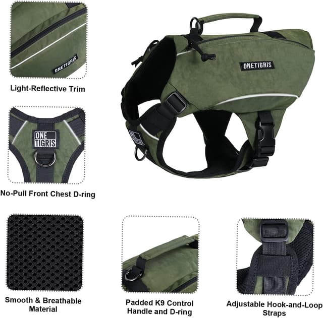 Detalle de OneTigris CAMELUS Hunderucksack für M/L Hunde (Ranger Grün) – 420D-Nylon mit YKK-Reißverschlüssen