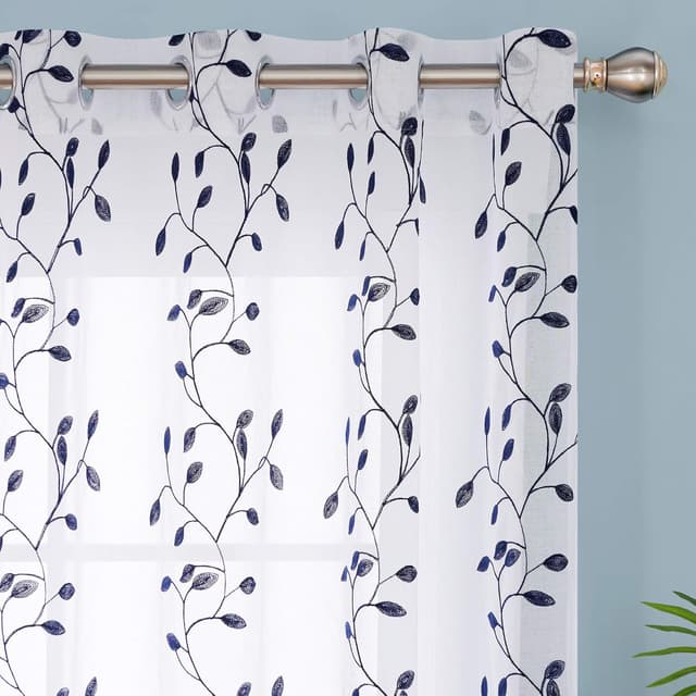 Detalle 2 de Deconovo eyelet faux linen voile net curtains in navy blue (55 x 54 drop) – 1 pair