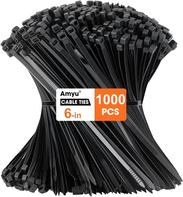 Detalle de Amyu 6-Inch Black Cable Ties (1000 Pack) 150mm Nylon Zip Ties, 40lb UV-Resistant