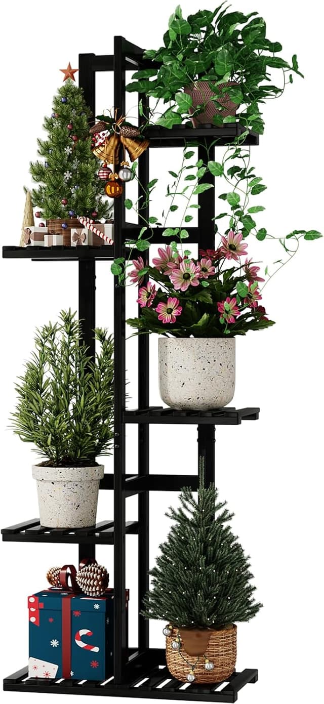 Detalle de Bamworld 5-Tier Bamboo Corner Plant Stand (Black) for Indoor Window Gardens & Balconies