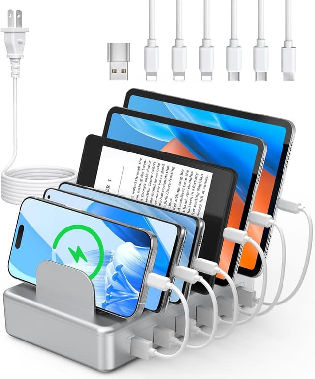 Detalle de CREATIVE DESIGN 6 Port Charging Station (50W) with 6 Short Cables, Silver