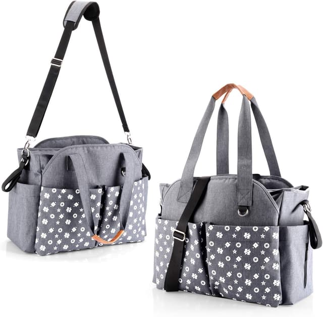 Detalle de Homlynn sac à langer fourre-tout gris avec sangles de landau, 12 poches