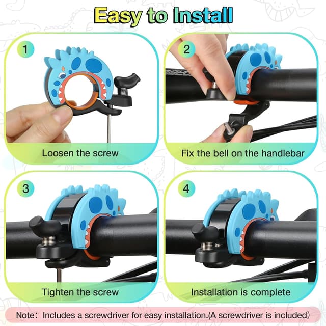 Detalle 2 de toptrek Kids Bike Bell (95dB) – Loud, Waterproof Dinosaur Bell for 22.2–25.4mm Handlebars