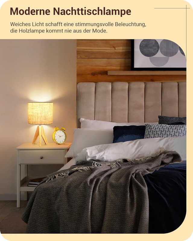Thumbnail 6 de EDISHINE Nachttischlampe aus Holz mit E27-Fassung und beigem Leinen-Schirm (36 cm)