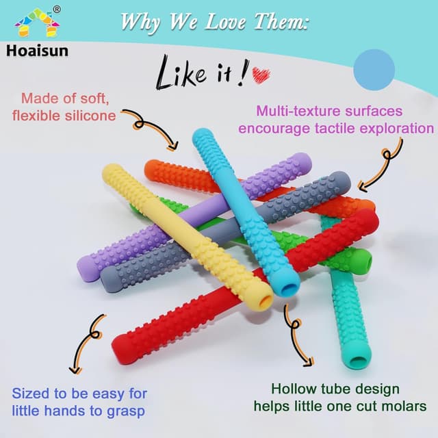 Detalle de 8 Pack Food-Grade Silicone Teething Straws (6–12 & 12–18 Months) – Hollow Teething Tubes for Babies