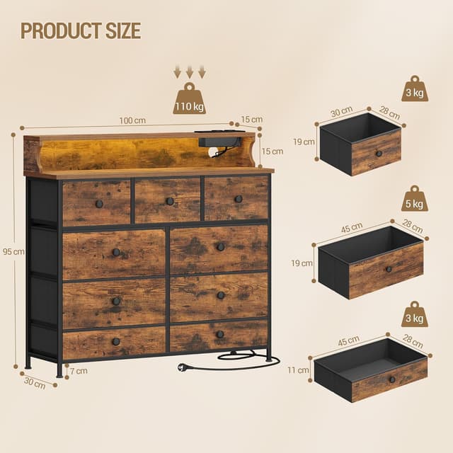 Detalle de Hzuaneri Commode 9 tiroirs avec bande lumineuse LED, 2 ports USB et 2 prises secteur (30 x 100 x 95 cm) Vintage DU02901BEU