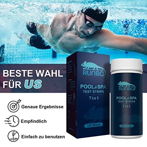 Detalle 2 de RUNBO 150 tiras reactivas 7 en 1 para piscina, spa y bañera: pH, cloro y más