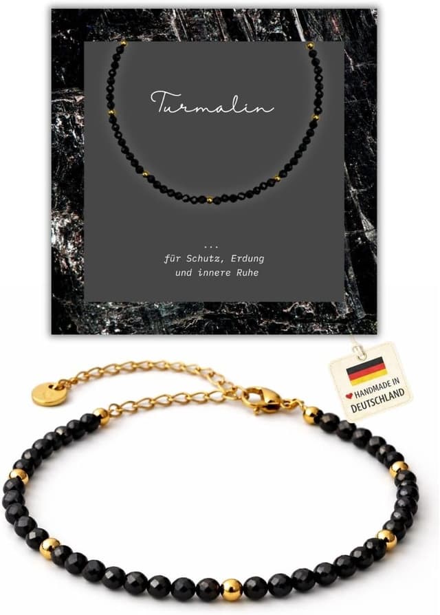 Detalle de happymaker Edelstein-Perlenarmband mit schwarzem Turmalin (925 Sterling Silber oder vergoldete Perlen) inkl. Verlängerungskette