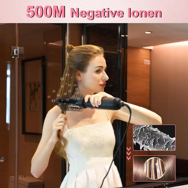 Detalle 2 de BEAUTYOVO 3-in-1 Warmluftbürste (37–200 °C) mit Glättbürste & Ionen, 3 Modi – Schwarz & Champagner